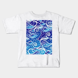 Paisley Bohemian Breeze Art - White and Shades of Blue Kids T-Shirt